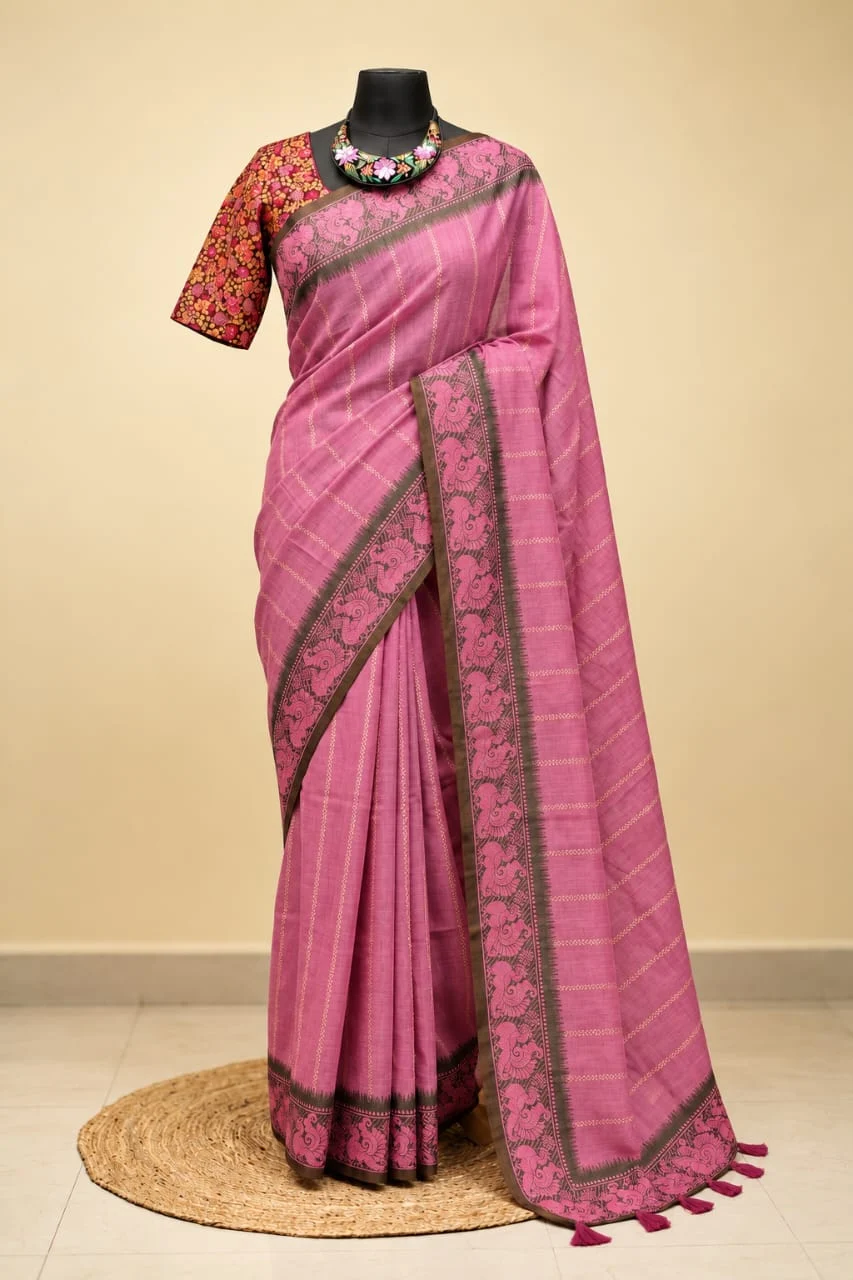 Peacock Border Dotted Striped Linen Cotton Saree